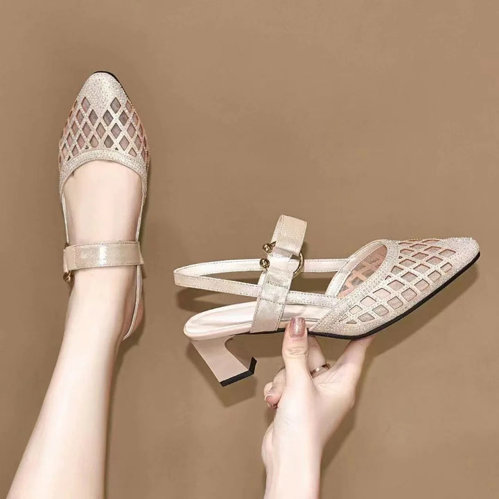 High Heeled Sandals 2024 New Summer with Thick with The Net Gauze Women's Shoes Pointed Buckle Single Shoes Low with Heels