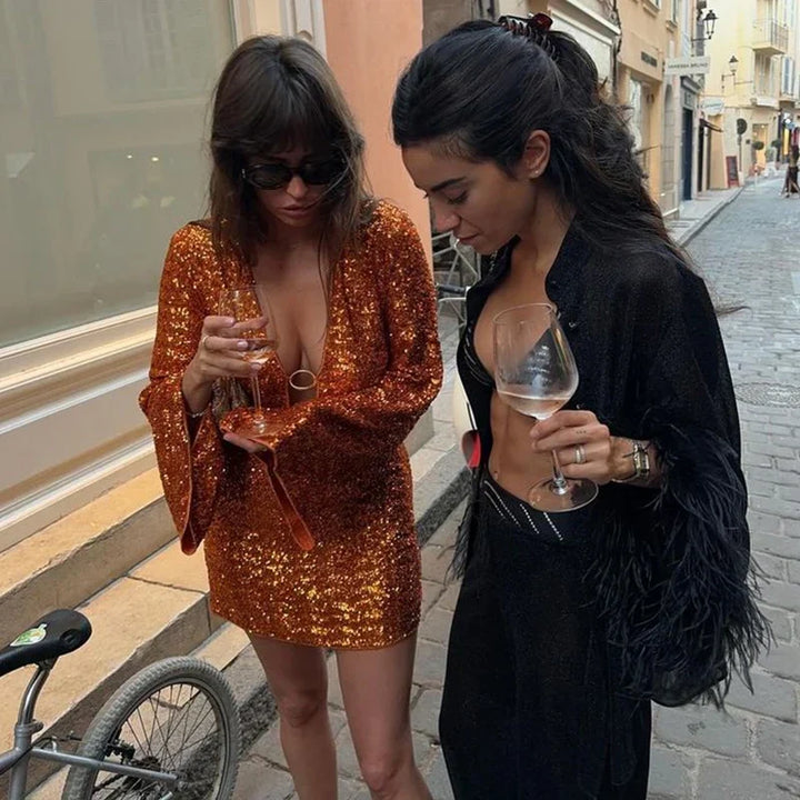 Women's Sparkling Backless Long Sleeved Dress Silver White Sexy Gauze Short Dresses Shiny Lining Elegant Summer Autumn Lady Top