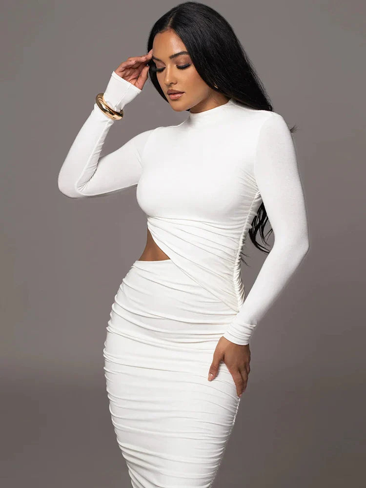 Ahagaga Fashion Sexy Club Hollow Out Dresses Women Regular Casual Solid O-neck Long Sleeve Slim Bodycon Elegant Vestidos Robes