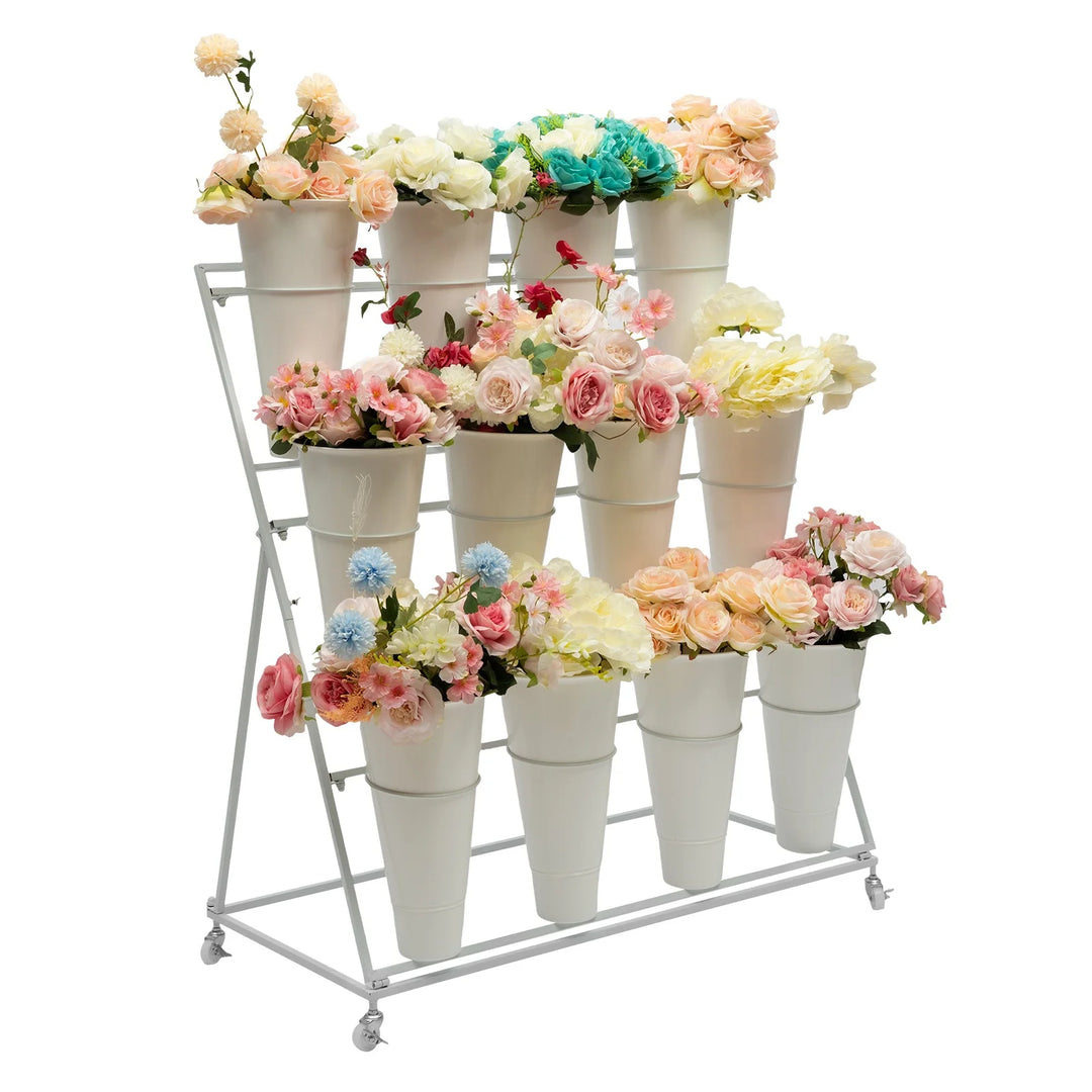 3 Layers Flower Display Stand Movable Modern Metal Plant Shelf with 12Pcs Flower Buckets & Wheels for Home Garden Patio Balcony