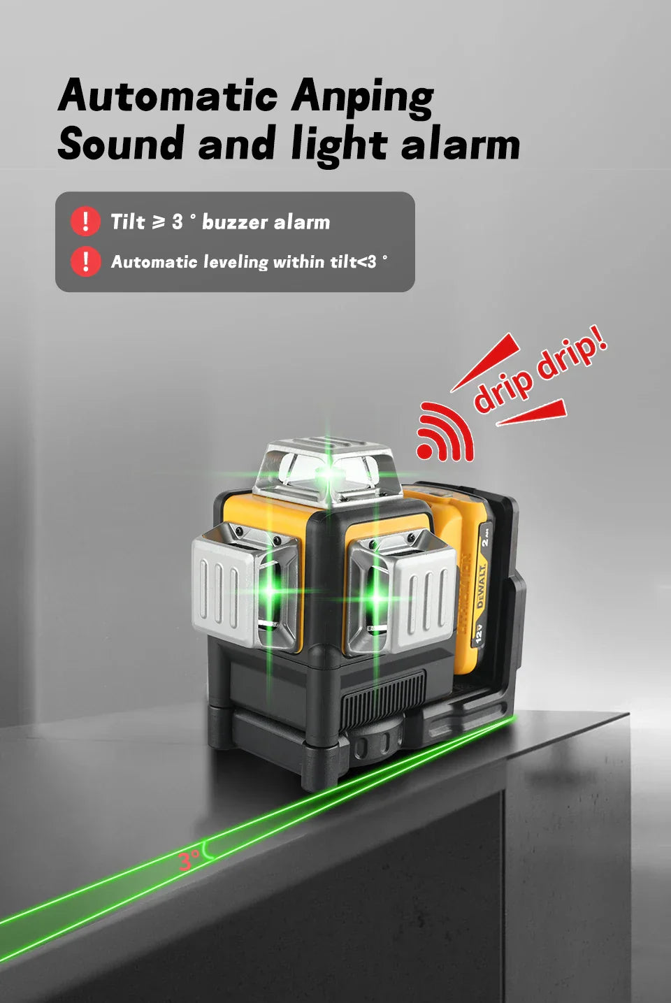 Dewalt DW089LG 3 Sides*360 Degree Vertical Lines Laser Level Meter Outdoor 12V Lithium Battery Horizontal Green Light Level