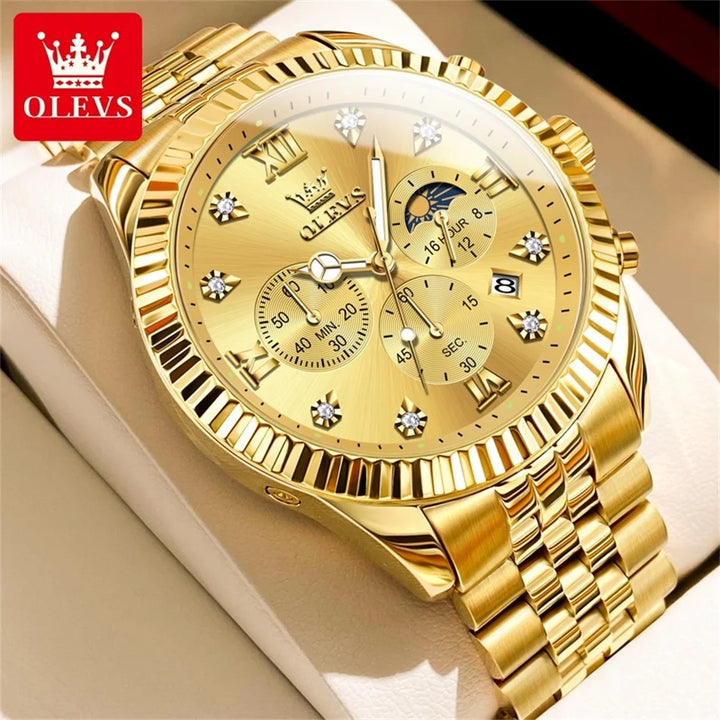 OLEVS New Original Quartz Men's Watches Moon Phase Waterproof Calendar Stainless steel Watch for Men Luminous Luxury Brand Watch