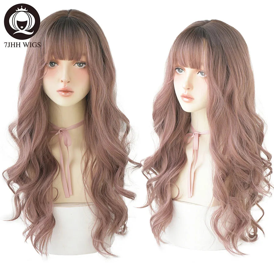 7JHHWIGS Long Wavy Synthetic Black Wigs For Women With Fringe Fashion Heat Resistant Mid-Length Daily Straight Light Brown Hair