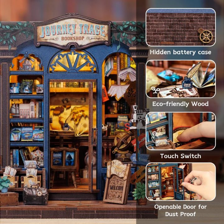 CUTEBEE Bookstore Book Nook with Light DIY Miniature Wooden Dollhouse for Decor Gift Bookshelf Insert Kit 3D Puzzle