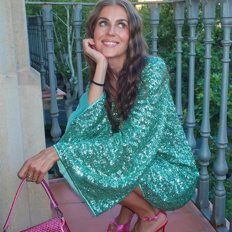 Women's Sparkling Backless Long Sleeved Dress Silver White Sexy Gauze Short Dresses Shiny Lining Elegant Summer Autumn Lady Top