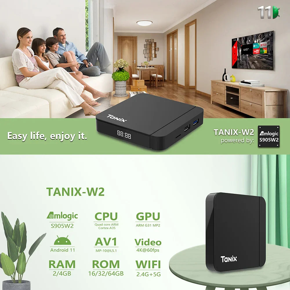 Tanix W2 Smart TV Box Android 11 Amlogic S905W2 4GB 64GB Support AV1 Dual Wifi  Media Player TVBOX Set Top Box 32GB 2GB 16GB