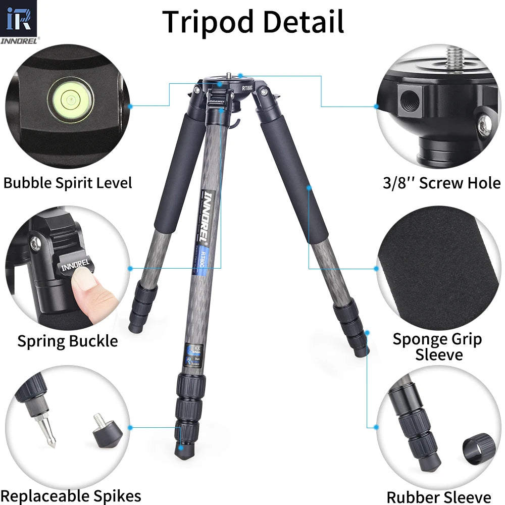 INNOREL RT80C Carbon Fiber Camera Tripod Professional Birdwatching Heavy Duty Tripod 75mm Bowl Adapter for DSLR Video Camcorder