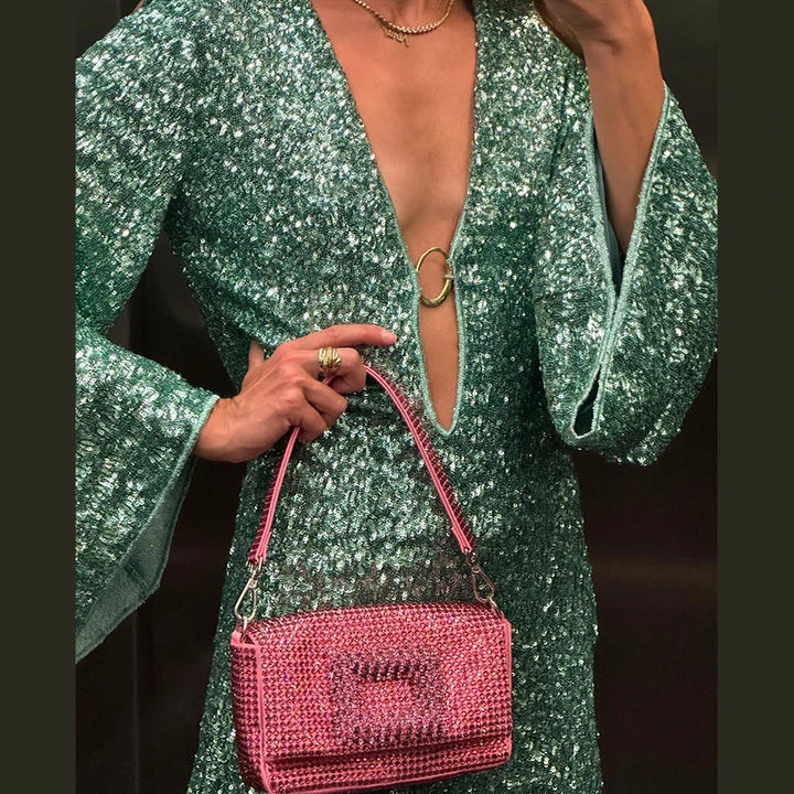 Women's Sparkling Backless Long Sleeved Dress Silver White Sexy Gauze Short Dresses Shiny Lining Elegant Summer Autumn Lady Top