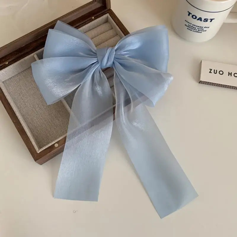 Sweet Blue Shining Satin Bowknot Hair Clip Big Ribbon Bow Barrette Solid Color Scarf Hairpin Ponytail Clip Hair Accessories