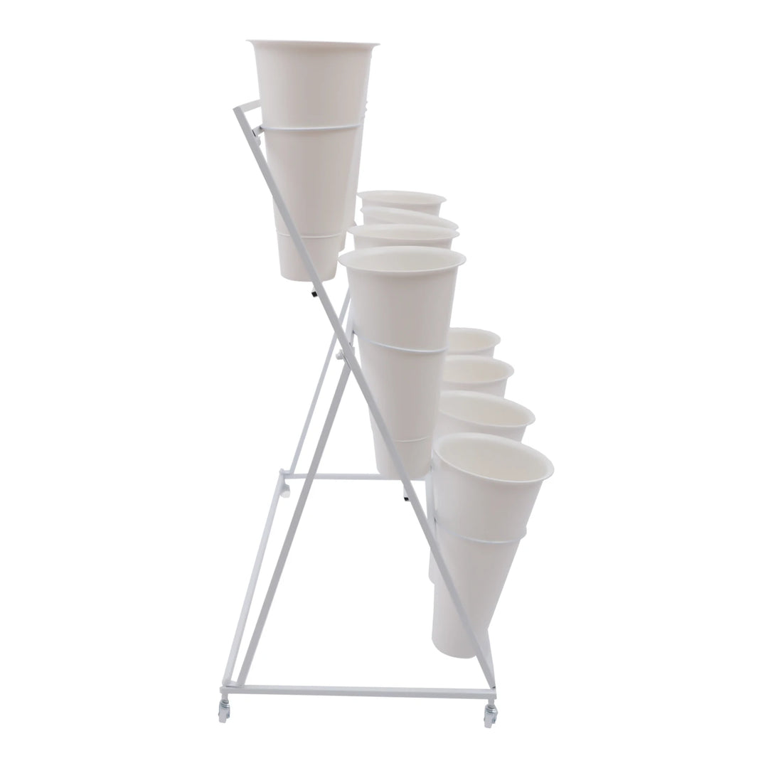 3 Layers Flower Display Stand Movable Modern Metal Plant Shelf with 12Pcs Flower Buckets & Wheels for Home Garden Patio Balcony