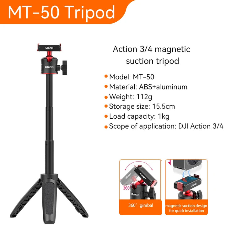 Ulanzi MT-50 Magnetic Tripod for Dji Osmo Action 5 4 3 Adjustable Underwater Selfie Stick Stand Mount Action Camera Accessories