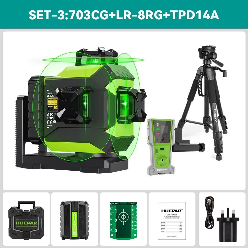 Huepar 703CG 12 Lines 3D Laser Level Self-Leveling Cross Line Green Level Adjust Bright Alignment Laser Tool with Li-ion Battery