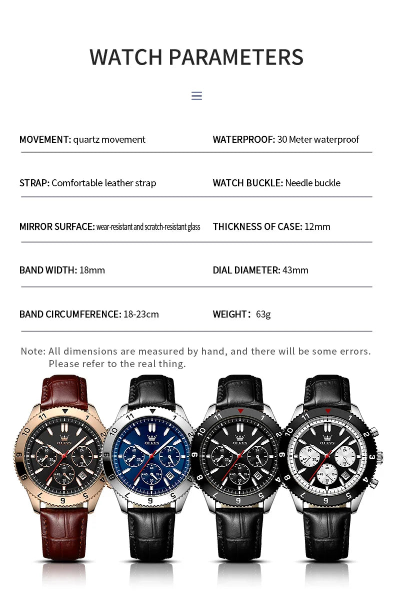 OLEVS Original Quartz Watch for Men Leather Strap Chronograph Calendar Waterproof Luminous Men's Wristwatches Relógio Masculino