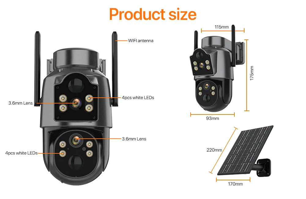 4K HD Solar WiFi Camera Outdoor Built-in Battery Dual Lens 2K Security Camera Solar Panel Wireless Video Surveillance CCTV iCSee