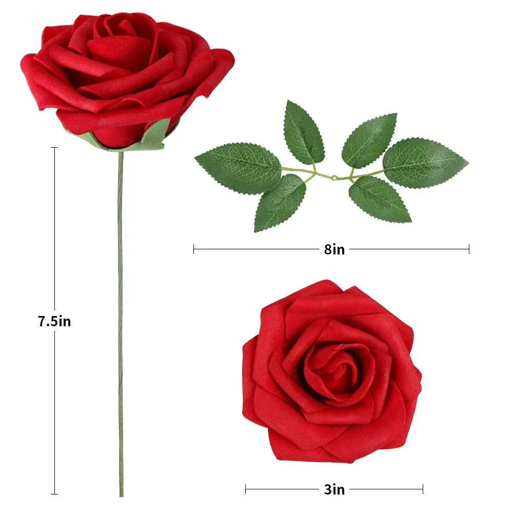 Realistic Artificial Red Roses with Stems