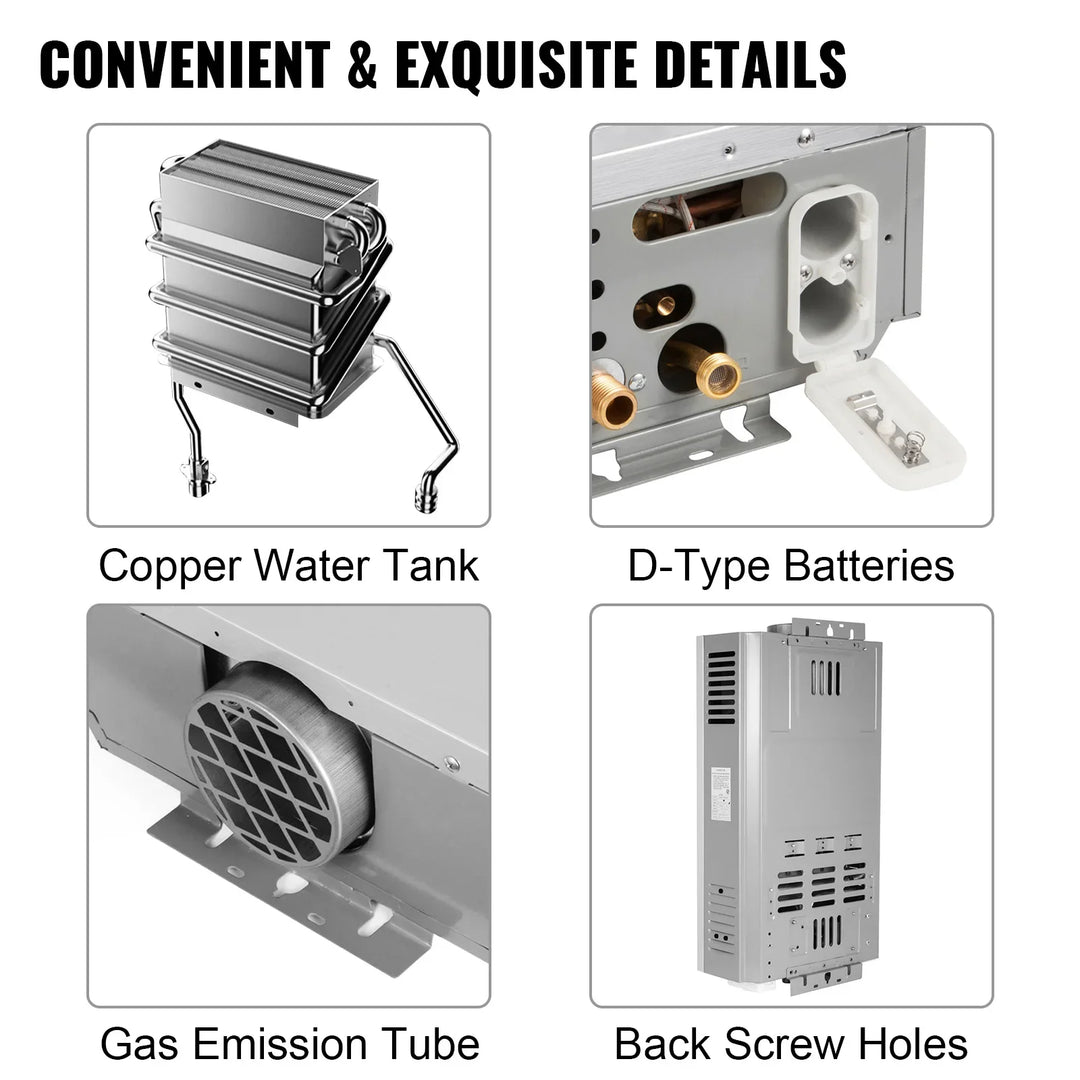 VEVOR Gas Water Heater LPG Hot Water Heater Stainless Steel Tankless  Propane Gas LPG Boiler Home Appliance 6L-18L