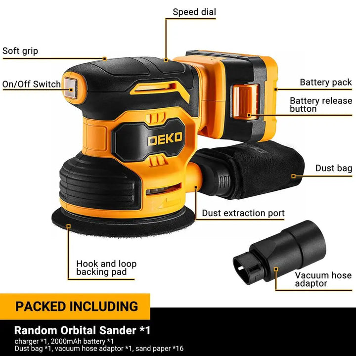 Cordless Orbital Sander with Battery & Charger Adjustable Speed Range Portable Electric Hand Sander Dust Bag & Vacuum Attachment