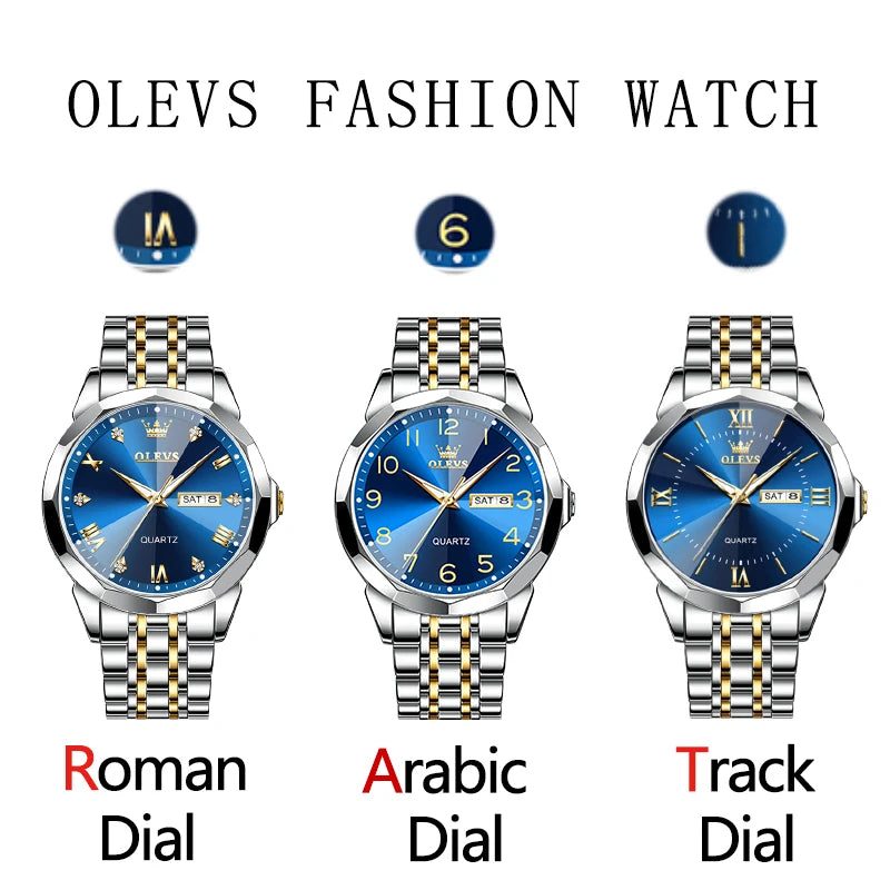 OLEVS Men's Watches Causal Fashion Original Quartz Watch for Man Waterproof Stainless Steel Luminous Date Week Trend Dress Reloj