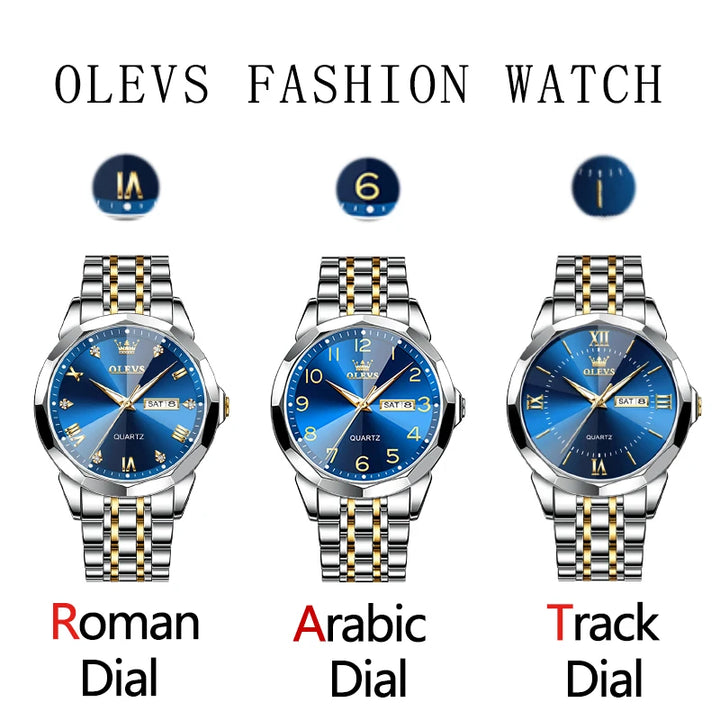 OLEVS Men's Watches Causal Fashion Original Quartz Watch for Man Waterproof Stainless Steel Luminous Date Week Trend Dress Reloj