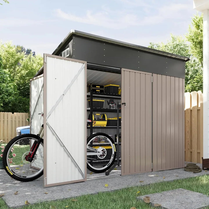 7.5'x5.5' Outdoor Storage Shed with Triple Lockable Doors, Metal Storage Cabinets with Sloping Roof for Tools and Bikes