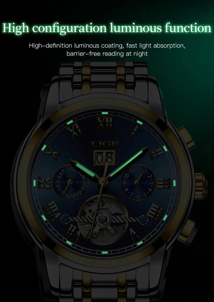 LIGE Fashion Men's Mechanical WristWatches Business Waterproof Tourbillon Watch Men Top Brand Luxury Automatic Watches For Men