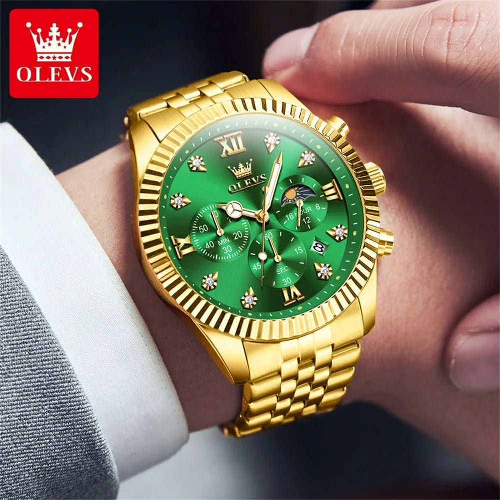 OLEVS Men's Watches Luxury Gold Original Quartz Watch for Man Waterproof Classic Commemorative Strap Moon Phase Chronograpgh
