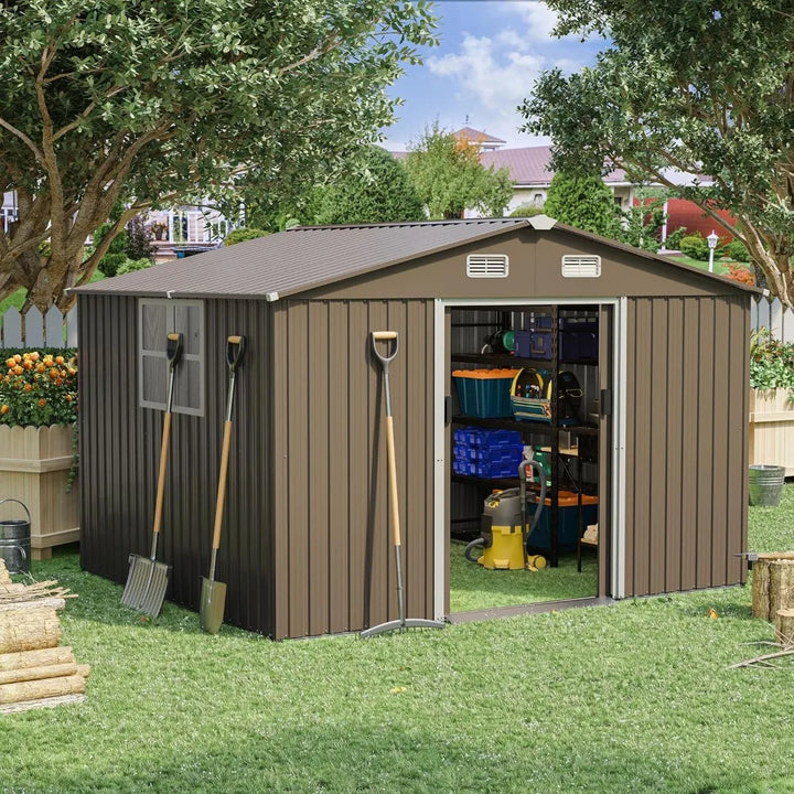 10 x 8 FT Outdoor Storage Shed, Waterproof, Lockable Door Metal Tool Sheds w/Sliding Door and Air Vents, Metal Storage Shed