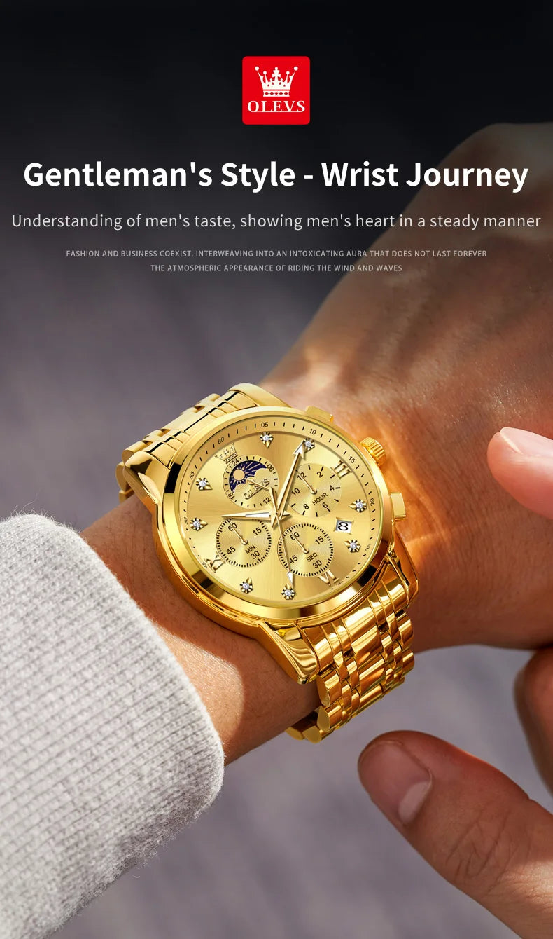 OLEVS Top Luxury Brand Men's Watches Moon Phase Chronograph Quartz Watch for Man Gold Stainless Steel Luminous Original Watch