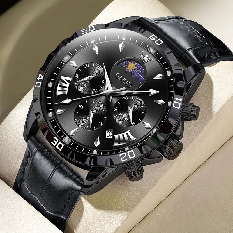 OLEVS Original Moon Phase Men Watches Luminous Skeleton Waterproof Quartz Watch Calendar Chronograph Stainless Steel Wristwatch