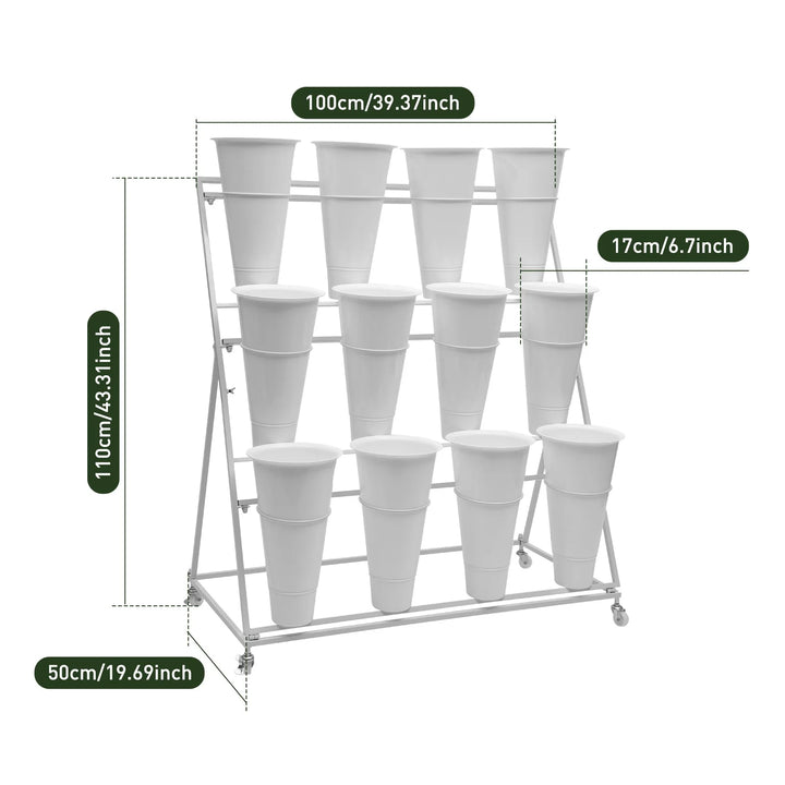 3 Layers Flower Display Stand Movable Modern Metal Plant Shelf with 12Pcs Flower Buckets & Wheels for Home Garden Patio Balcony