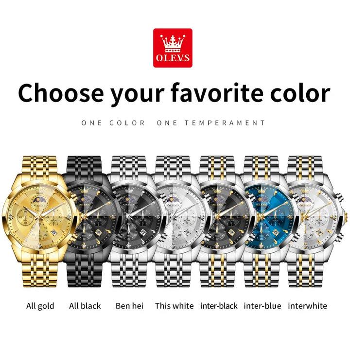 OLEVS 3673 Mens Watch Original Business Brand Quartz Watch Rhombus Mirror Waterproof Luminous Automatic Date Moon Phase Watch