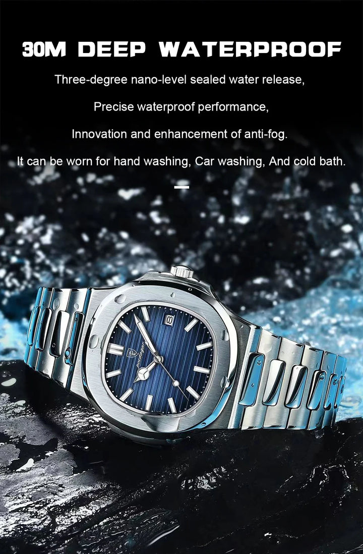 POEDAGAR Luxury Classic Man Watches Luminous Date Stainless Steel Square Quartz Male Clock Waterproof Watch for Men Reloj +Box
