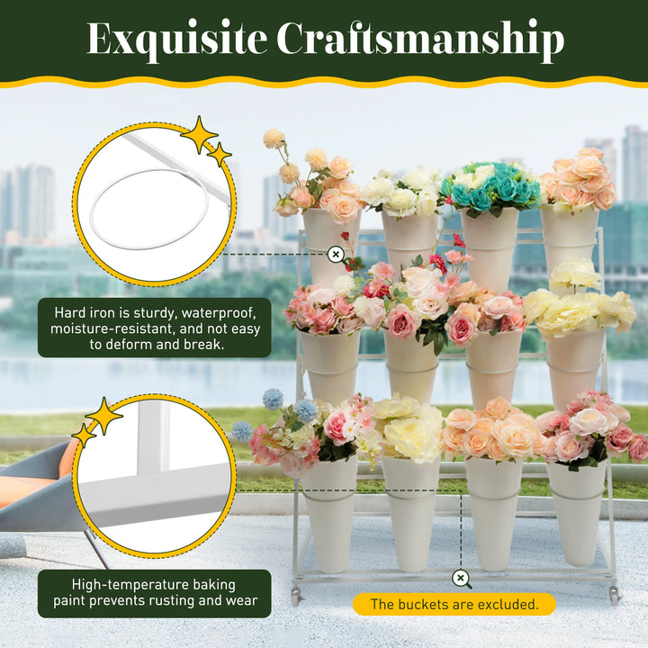 3 Layers Flower Display Stand Movable Modern Metal Plant Shelf with 12Pcs Flower Buckets & Wheels for Home Garden Patio Balcony