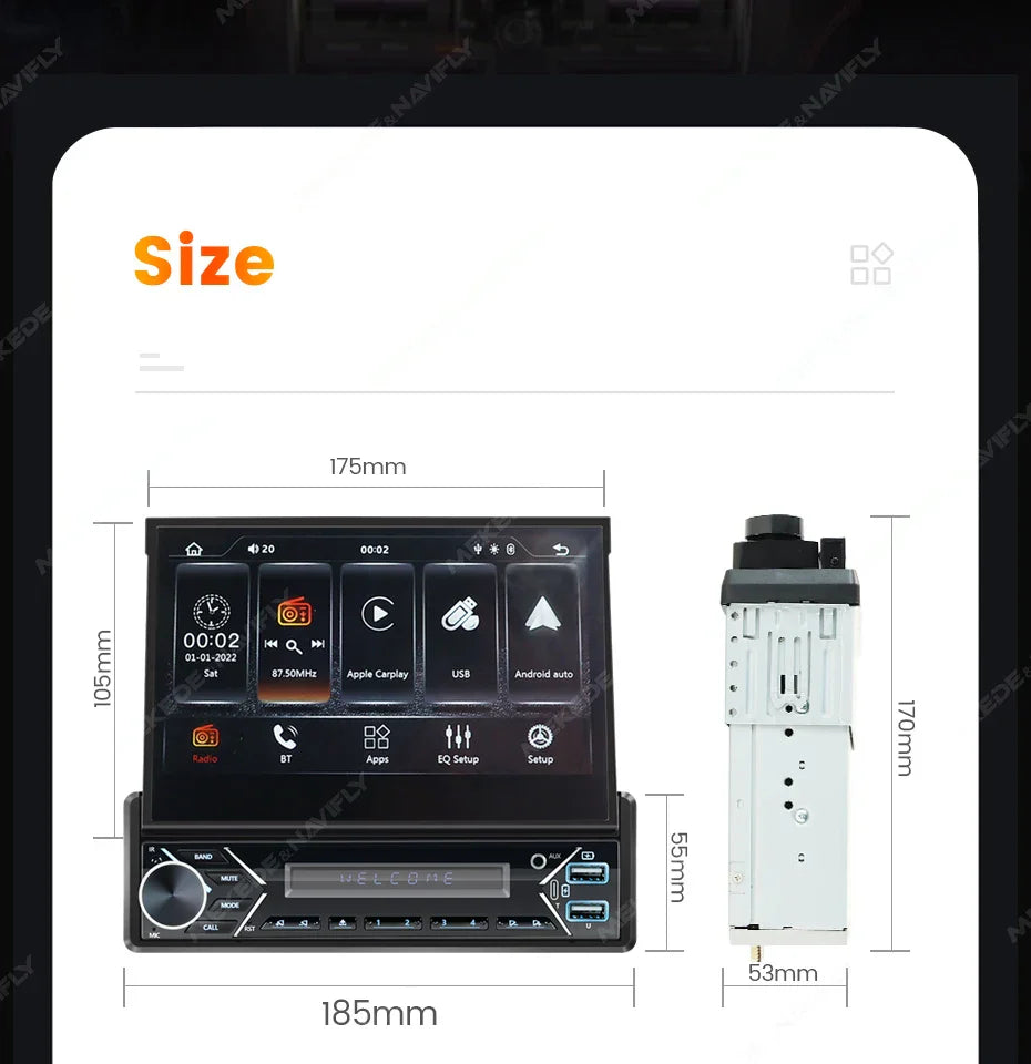 Universal 7" 1din Retractable Screen Car Radio Android Auto Carplay Multimedia Video Player Intelligent Vehicle System BT FM USB