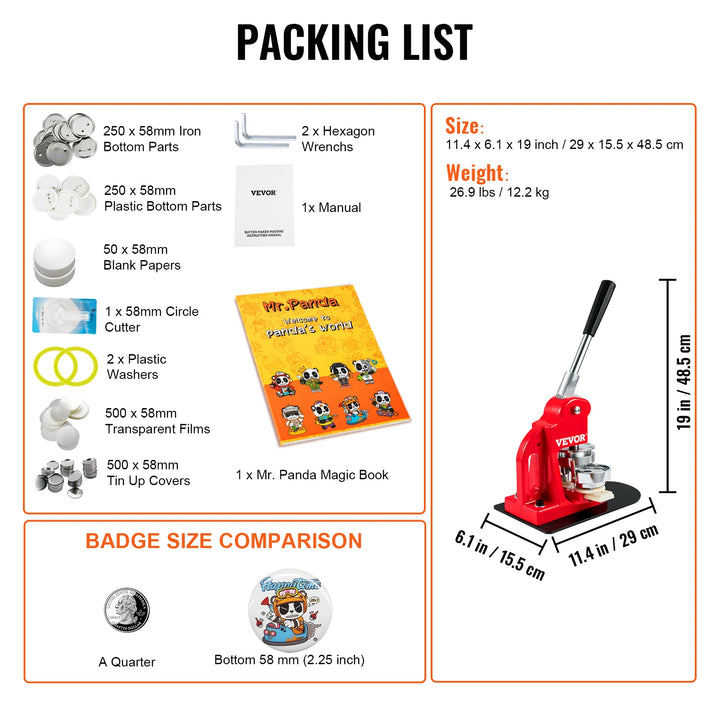 VEVOR 25/32/58/75MM Badge Maker Machine DIY Button Pin with 500Pcs Free Parts Press Kit Circle Manufacture Button Making Tool