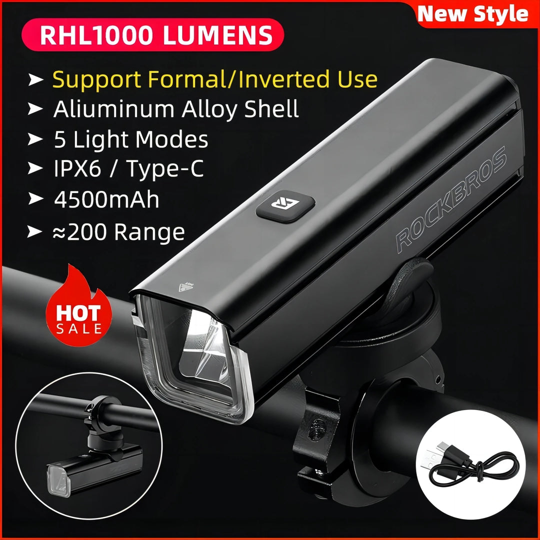 ROCKBROS Bicycle Light 1000LM Type-c Charging Bike Light Front Lamp Rechargeable Cycling Headlight Aluminum Waterproof RHL1000