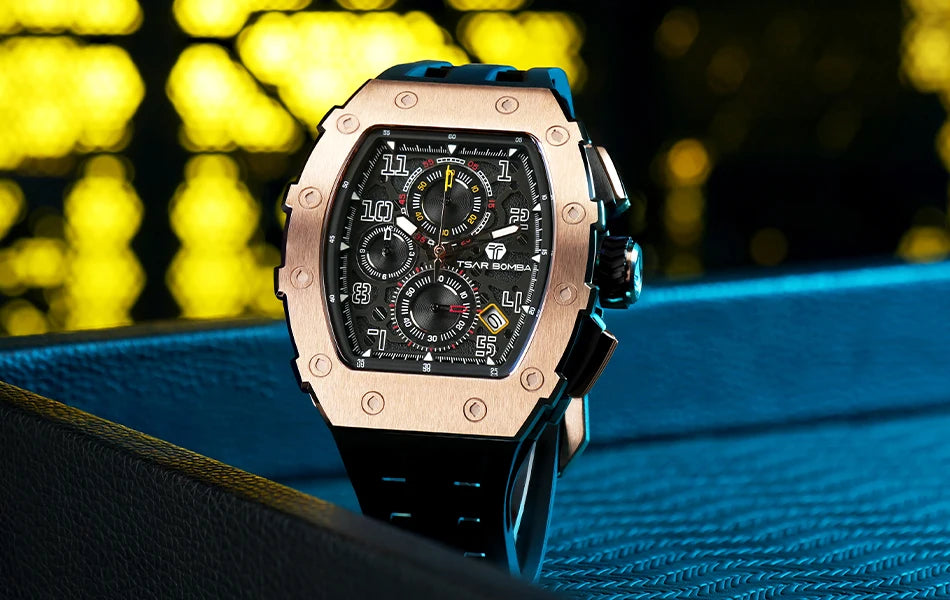 TSAR BOMBA Watch for Men Luxury Brand Tonneau Design Waterproof Clock Stainless Steel Wristwatch Fashion Rectangle Mens Watch