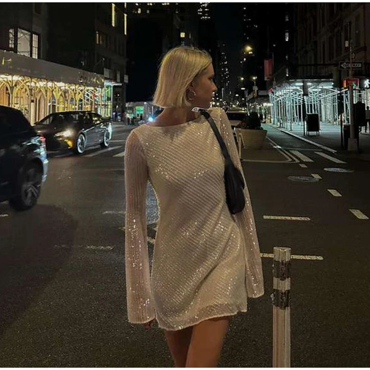 Women's Sparkling Backless Long Sleeved Dress Silver White Sexy Gauze Short Dresses Shiny Lining Elegant Summer Autumn Lady Top
