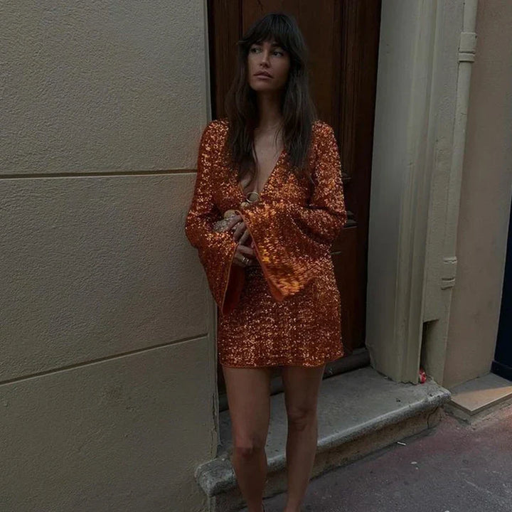 Women's Sparkling Backless Long Sleeved Dress Silver White Sexy Gauze Short Dresses Shiny Lining Elegant Summer Autumn Lady Top