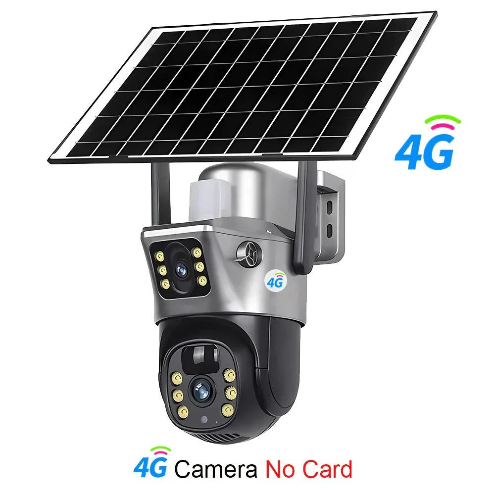 4G Sim Card Solar Camera Dual Lens Outdoor 8MP 4K Low Power Battery IP Camera PIR Night Vision V380 Pro CCTV Security Protection