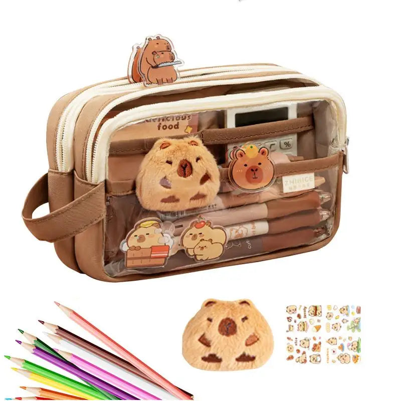 Clear Plastic Pencil Case With Cute Capybara Plush And Pins Multi-layers Pouch Large Capacity Aesthetic Pencil Pouch Stationary
