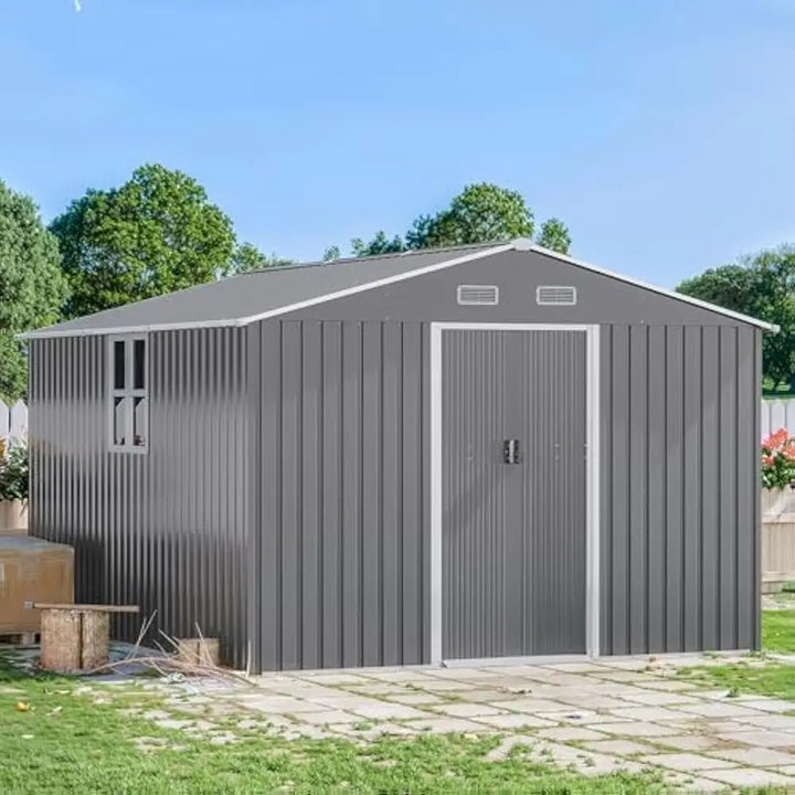 10 x 8 FT Outdoor Storage Shed, Waterproof, Lockable Door Metal Tool Sheds w/Sliding Door and Air Vents, Metal Storage Shed