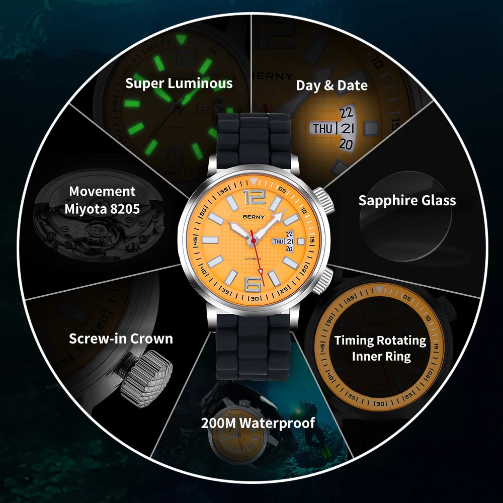 20Bar Diver Automatic Watch For Men Miyota 8205 Super Luminous Sapphire Swim Sport Mechanical Automatic Self Winding Wristwatch