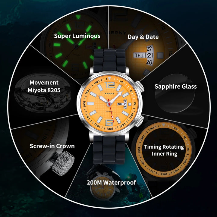 20Bar Diver Automatic Watch For Men Miyota 8205 Super Luminous Sapphire Swim Sport Mechanical Automatic Self Winding Wristwatch