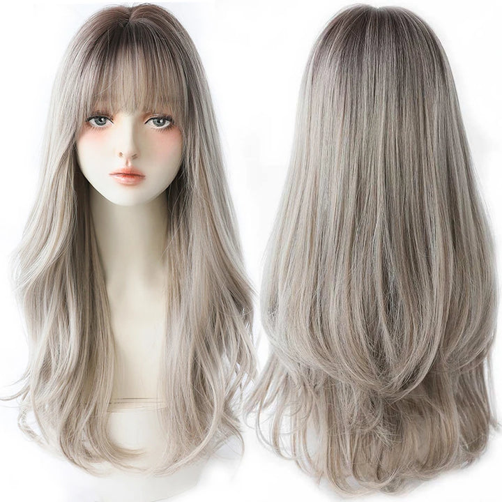 7JHHWIGS Long Wavy Synthetic Black Wigs For Women With Fringe Fashion Heat Resistant Mid-Length Daily Straight Light Brown Hair