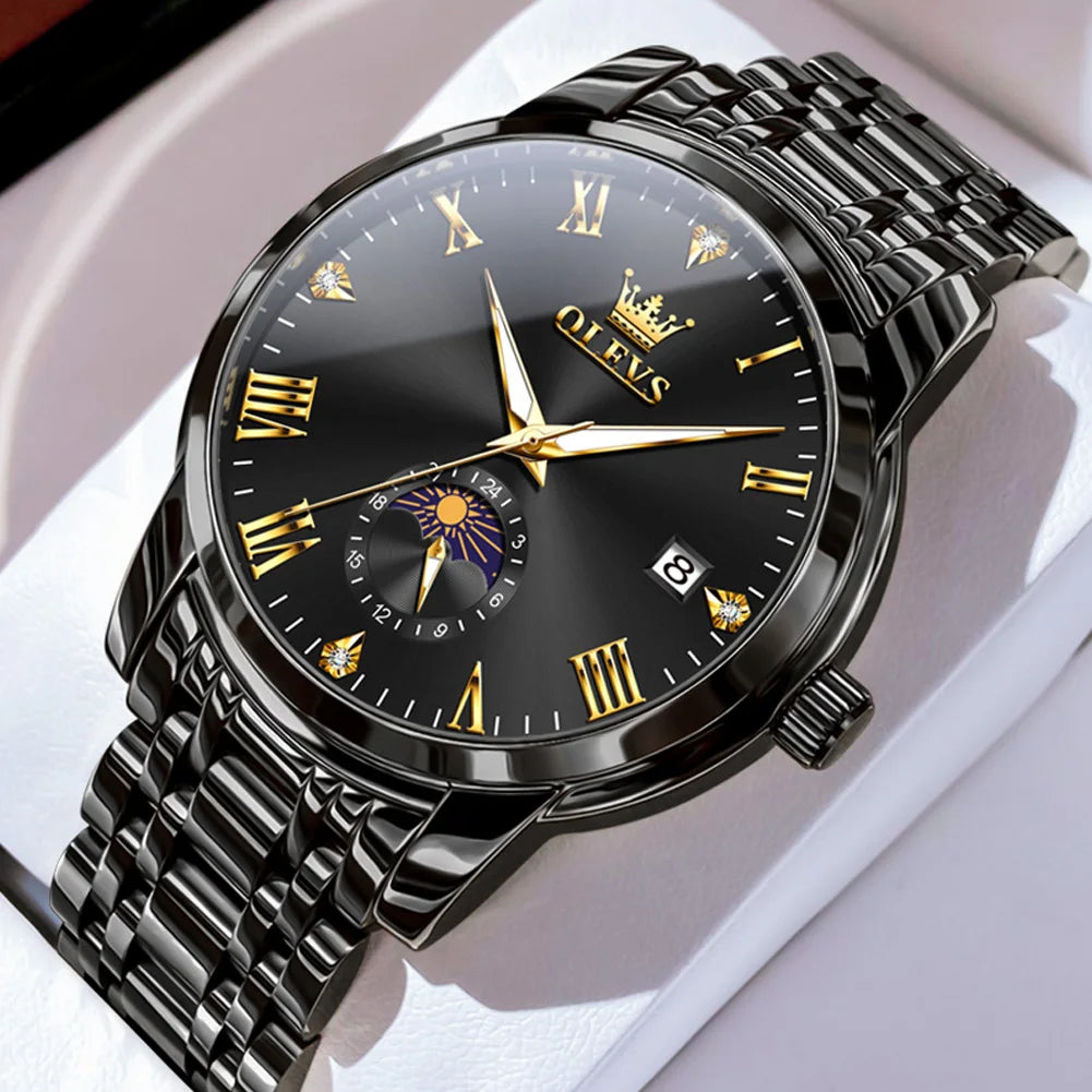 OLEVS Trend Fasahion Men's Watches Stainless Steel Original Quartz Watch for Man Waterproof Luminous Date Moon Phase Wristwatch