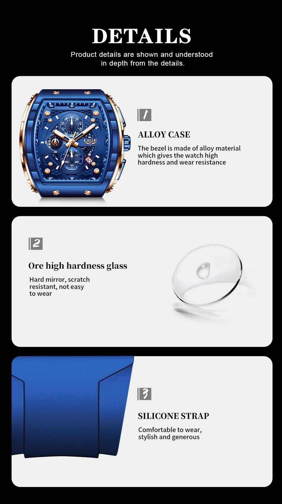 LIGE Outdoor Square Casual Sport Quartz Man Watch Top Brand Luxury Watches Fashion 50M Waterproof Auto Date Silicone Chronograph