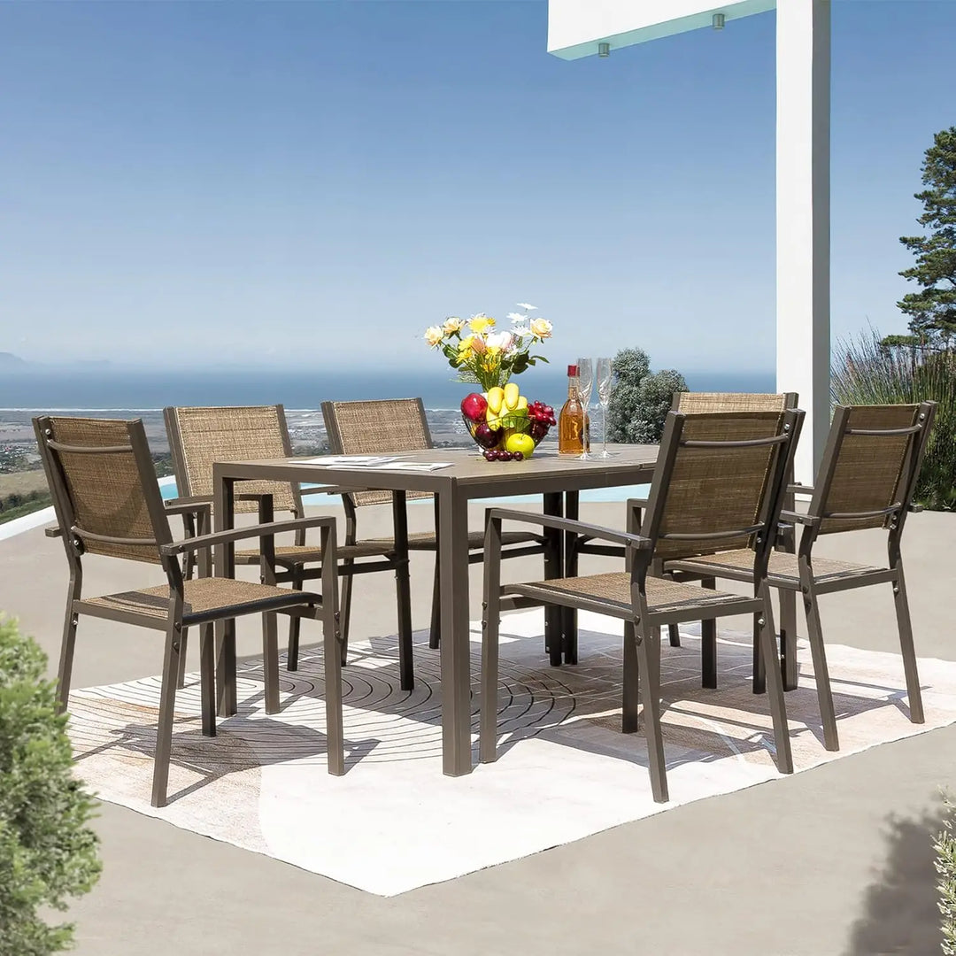 7 Piece Patio Dining Set Outdoor Furniture Set with Weather Resistant Table and 6 Stackable Textilene Chairs for Garden,