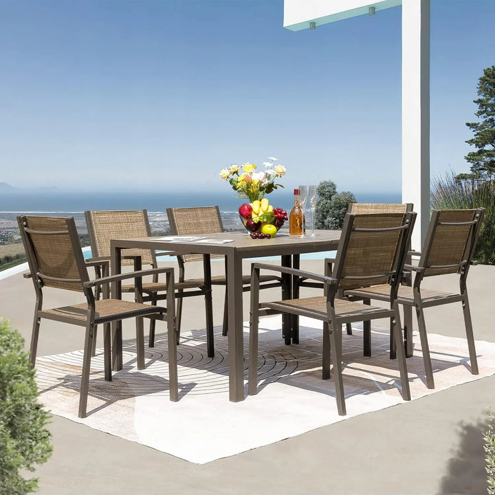 7 Piece Patio Dining Set Outdoor Furniture Set with Weather Resistant Table and 6 Stackable Textilene Chairs for Garden,