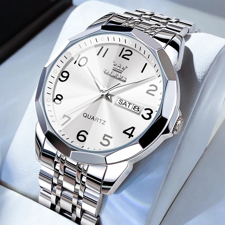 OLEVS Men's Watches Causal Fashion Original Quartz Watch for Man Waterproof Stainless Steel Luminous Date Week Trend Dress Reloj